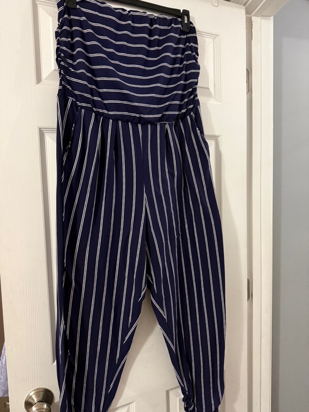 Navy and White Striped Strapless Jumpsuit 16 W
